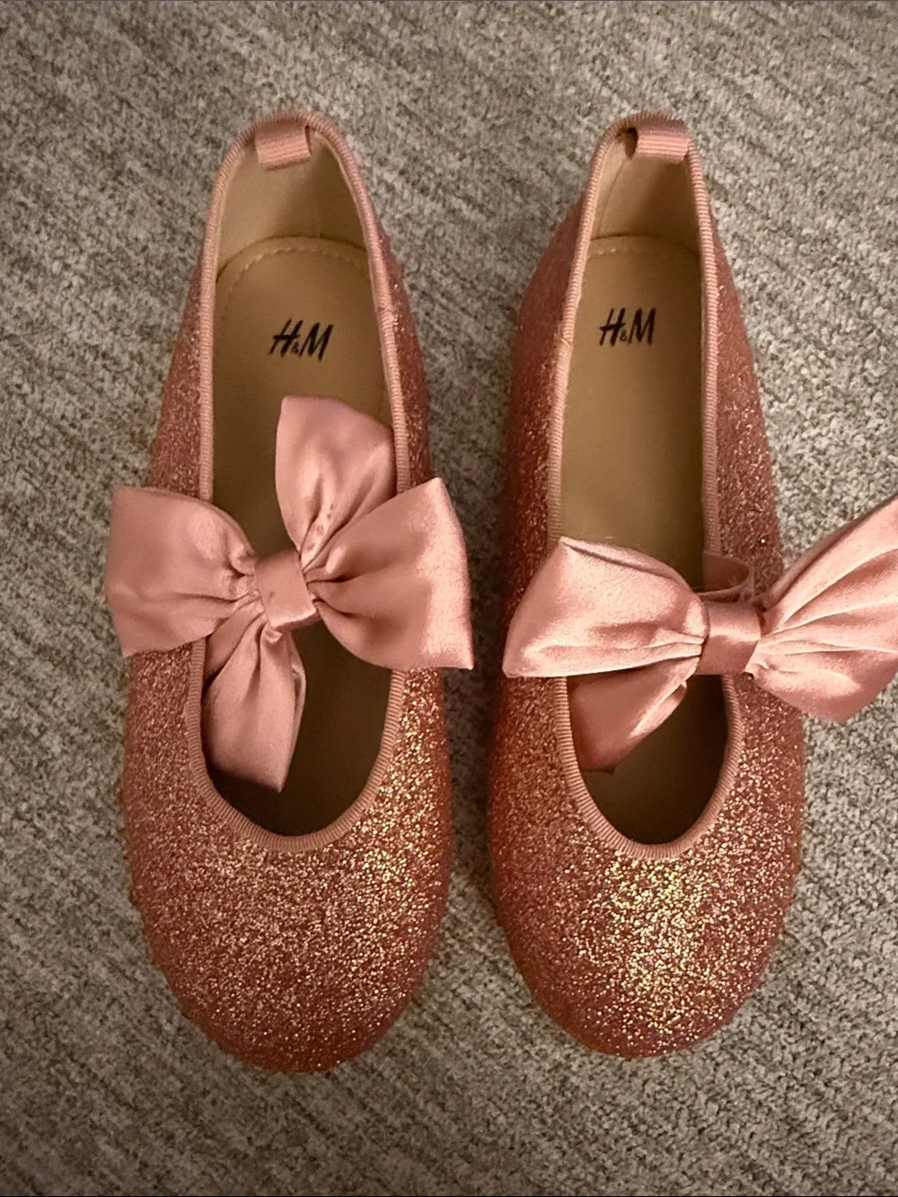 H&M Girls' Rose Gold Glitter Ballet Flats with Satin Bow-NEVER WORN